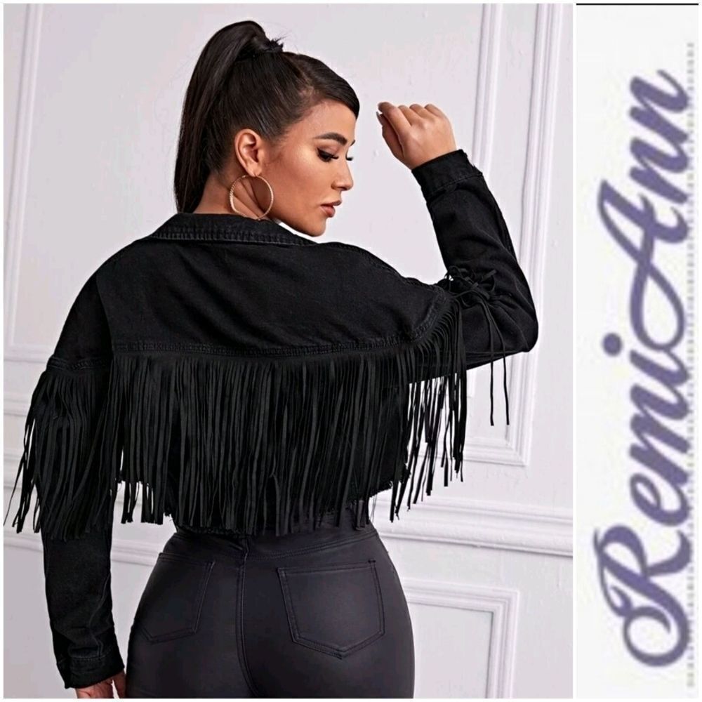 Drop Shoulder Fringe Trim Crop Denim Jacket